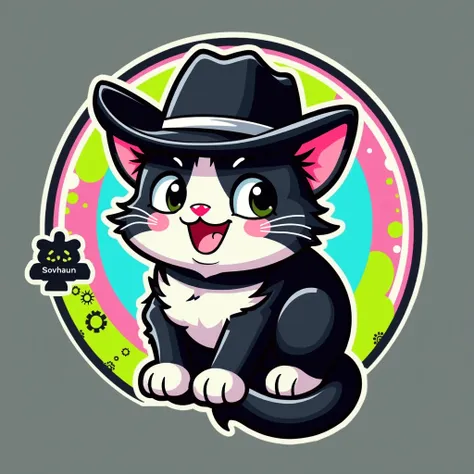 a cartoon style logo of a black cat wearing a black cowboy hat, all within a circle with the lime green colors, pastel pink and sky blue with the word Mexapon in Japanese typography at the bottom