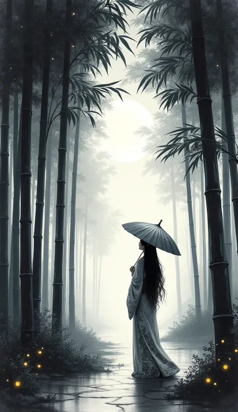 dynamic ink painting of a bamboo grove, black and white,monochrome, great art, great sense of depth, ground level shot, the most beautiful bamboo grove in the world, bamboo leaves shining through rainwater, moon(pale blue) with a light overcast, beautiful ...