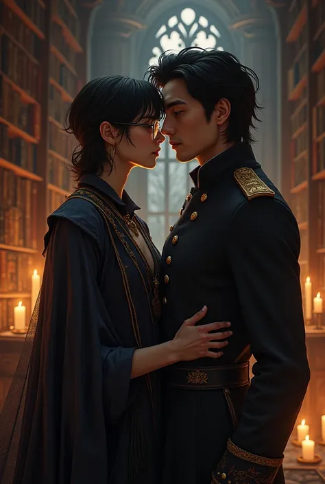 What would a 2 man look like wearing thin, square glasses?, who is a powerful wizard who is in love with his best friend, a tall, strong man who is a military man and has medium-length black hair. 