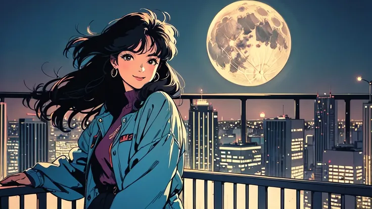 (Masterpiece), 80s, Retro, City Pop, Top Quality, Looking Out From High Rise Apartment Balcony, Night Sky, Cityscape, Viewer, City Lights, Dramatic Light, Calm Face, Smiling, Full Moon