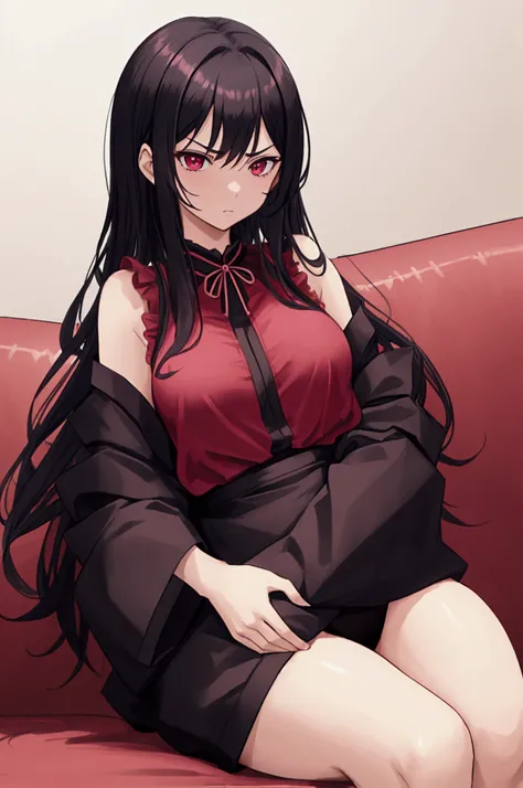 highest quality、4K quality、Man sitting on the sofa、、Man hugs a womans breasts、A man puts his hand on a girls crotch, kinomoto sakura, black hair, long, straight, loose hair, red eyes, medium breasts, in black blouse, pink panties, angry,