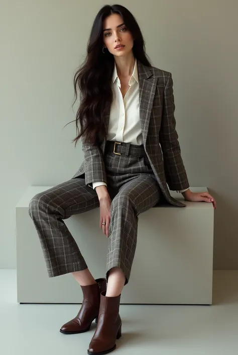 Woman with fair skin and long dark hair wearing a plaid suit with a white shirt underneath and pants and brown low-heeled boots