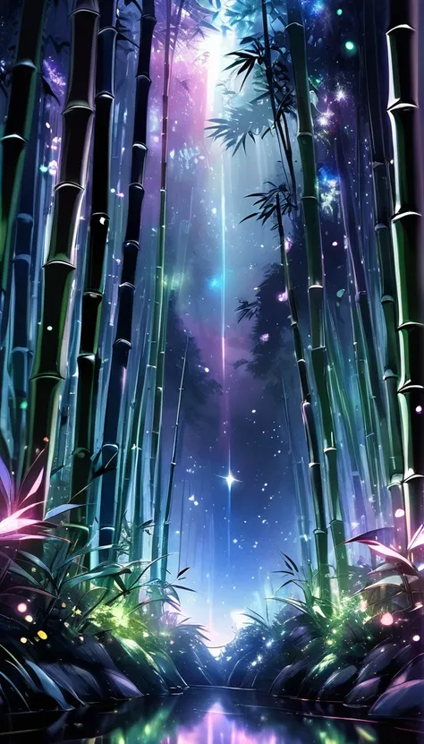 Bamboo forest on a dark night, Delicate and sharp, crisp outline, Soft internal illumination, Many tiny fireflies flying around, Holographic sparkle all over, Vibrant colors, Fantastic rainbow reflections, Metallic luster, A balance and harmony between pit...