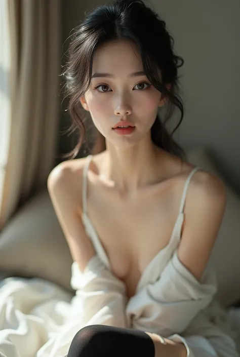 Serene and beautiful Japanese girl, graceful and elegant, dressed in white cocktail dress with plunging neckline, black leggings, Japanese eyes, angular features, make up, tall and very slim, pale skin, facing camera, very realistic, 