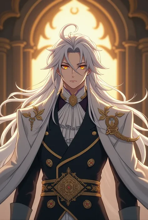 Sesshomaru Taisho a handsome king with the appearance of an angelic being , with golden eyes and silver hair, dressed in a Victorian way 