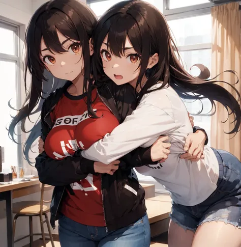 2 female, brown long messy anime hair, huge breast, thick legs, brown eyes, thick eyebrows, black jacket, red t-shirt, jeans, hotel room, hugs, face to face