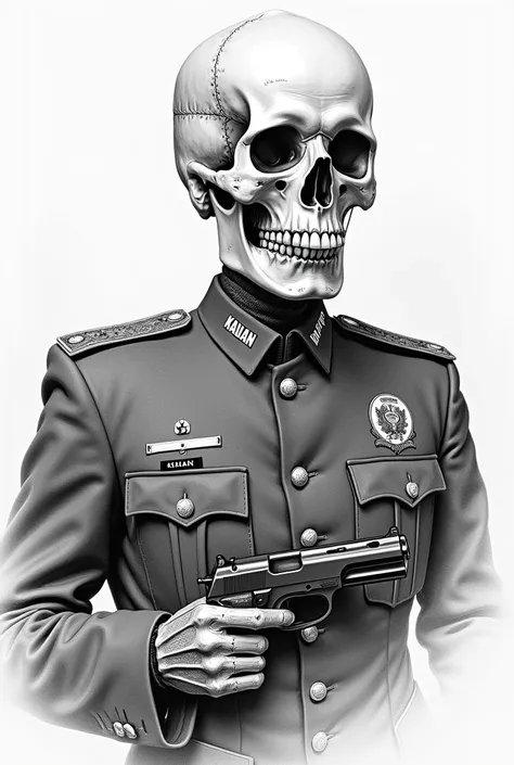 Drawing of a skull wearing the uniform of the military police of Ceará with the name Kauan and a pistol