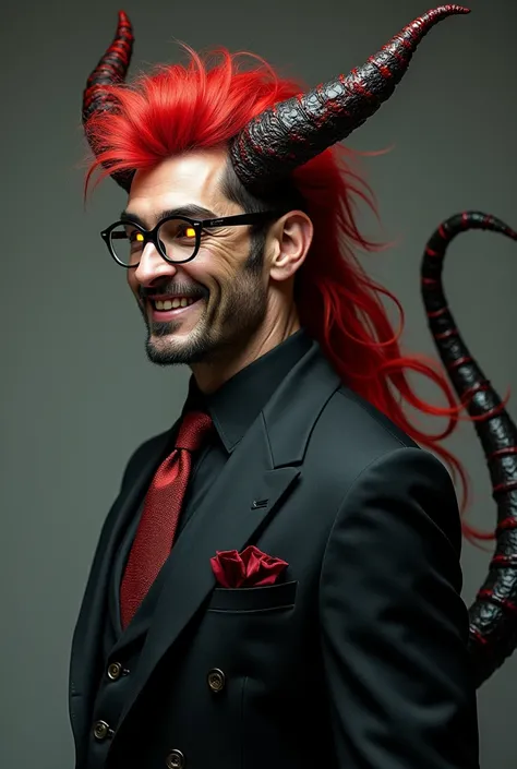 A man with red mullet haircut,horns and demon tail,yellow  eyes,sharped teeth,wear glasses,wears a suit and gothic accessories.