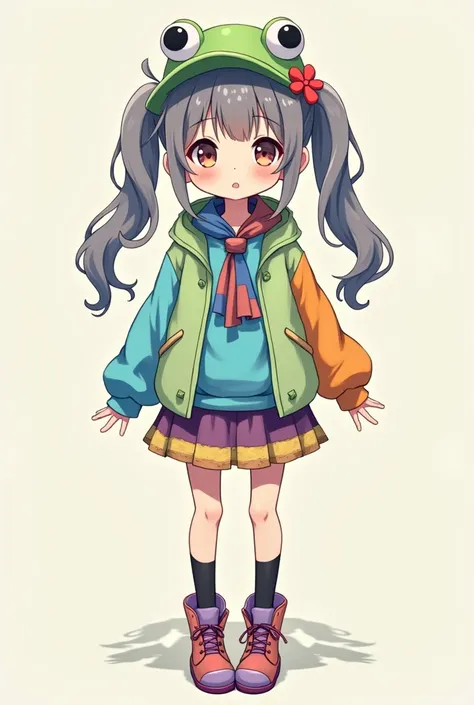 Create an anime style girl with a blue sweatshirt under a light green jacket with orange and blue sleeves, with a frog cap, short purple and yellow skirt, with a blue and red scarf, with long black and white stockings, with pastel red and dark purple boots...