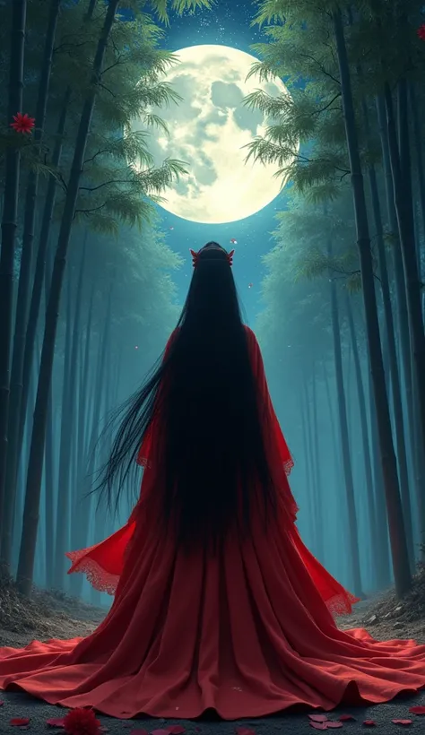 Princess Kaguya, (heian red:1.1) kimono,kimono, Wide sleeves, red (karaginumo:1.1), layered kimono, One person, alone, Black Hair (Hime cut:1.2) Very long hair spread out, (Are standing, From behind), beautifully, beautiful, Wide Shot, Cinema Lighting, Ult...