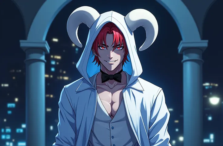 anime character with red hair and a black jacket, with red hair, anime handsome man, male anime character, 1boy, solo, suoh mikoto, k project, (((vampire))), insanity, malkavian, city in background, (night), smirk, cowboy shot, dynamic lighting