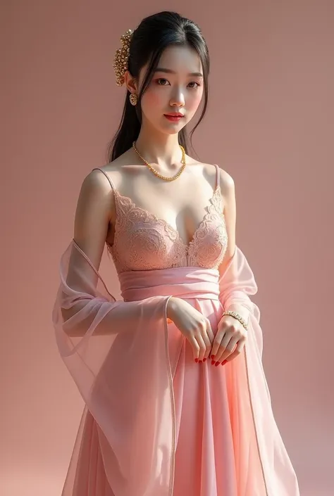 Elegant mature young woman wearing pink tatoe。Full body front view、Asian、The skin is relatively white、Luxurious clothing、Silky transparent lace on the clothes、Gold wire trim、Jewelry decoration、A pearl necklace hangs around her neck。