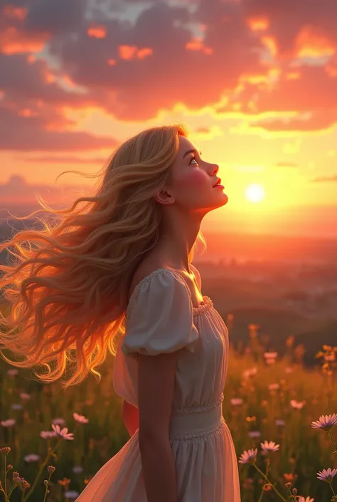 Make a young blonde with long hair looking at the sunset excitedly 