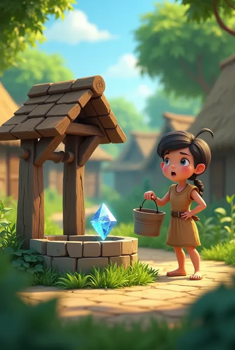 in cinematic 3d cartoon style  "Illustrate a serene village scene with a modest well surrounded by lush greenery. In the foreground, a young girl in simple clothing is pulling up a bucket from the well. The bucket contains a sparkling, large gemstone. The ...