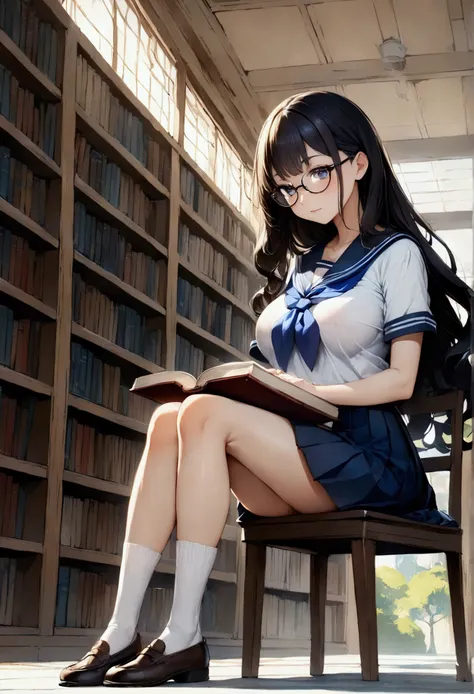 高いquality illustration, masterpiece, Very delicate and beautiful, masterpiece, Highest quality, High resolution, Very detailed, Perfect lighting、1 female、Very young、cute、(Wavy Long Hair)、Black Hair、Big Breasts、Glasses、white short sleeve sailor uniform、Navy...