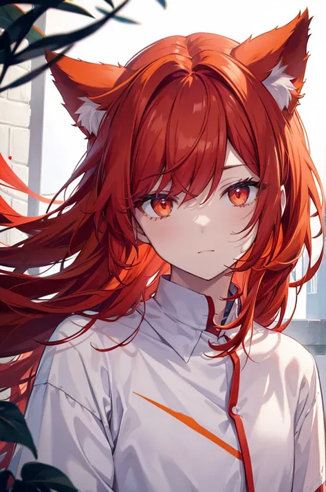 front，male，Red Hair，Orange Eyes，Dog ears，Big white shirt，No highlights，Dark Room