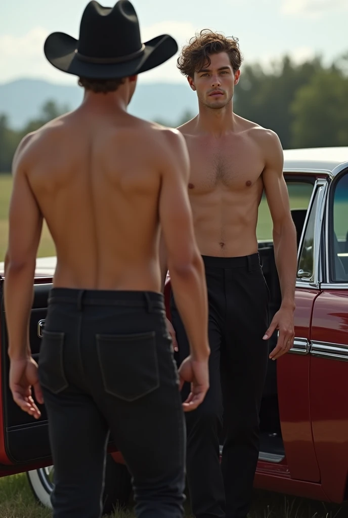 A handsome handsome man in a black dress and a black cowboy hat getting off a car with his cute younger brother but both of legal age was shirtless, skinny, white skinned while his grandparents welcomed him to their ranch. The grandfather had clothes on. 