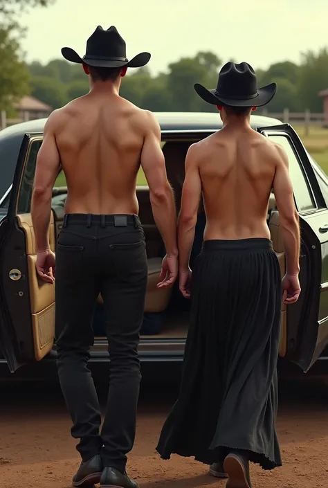 A handsome handsome man in a black dress and a black cowboy hat getting off a car with his cute younger brother but both of legal age was shirtless, skinny, white skinned while his grandparents welcomed him to their ranch. The grandfather had clothes on. 