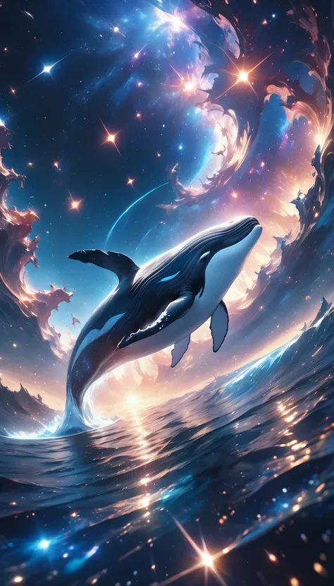 a breathtaking cosmic landscape, a sea of shimmering stardust, glimmering and radiant, luminous and reflective, a whale leaping ...