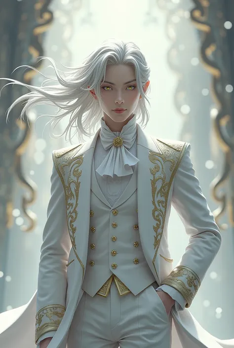 Sesshomaru Taisho a handsome king with the appearance of an angelic being , with golden eyes and silver hair, She is wearing a white Victorian suit