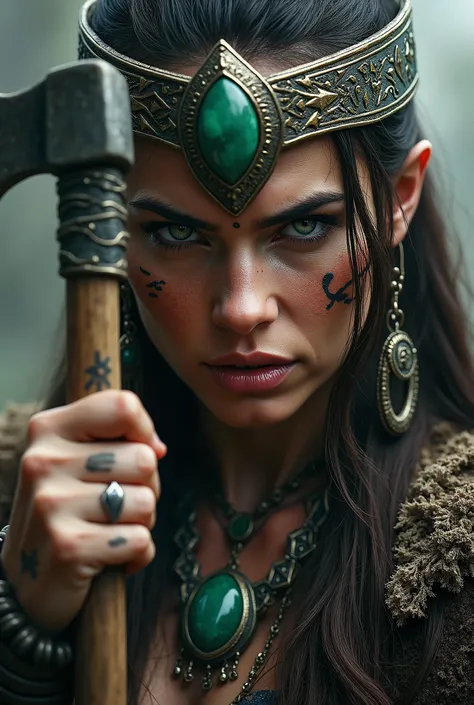 Viking warrior close-up, small axe in hand, Woman, axe next to the face, large head ornament , green stone necklace on neck, tattoo in face, yelling