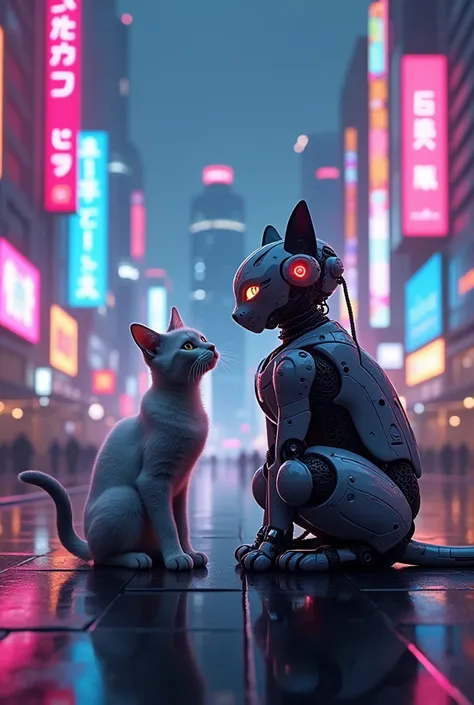 A cat with future robot in neon light city in night

