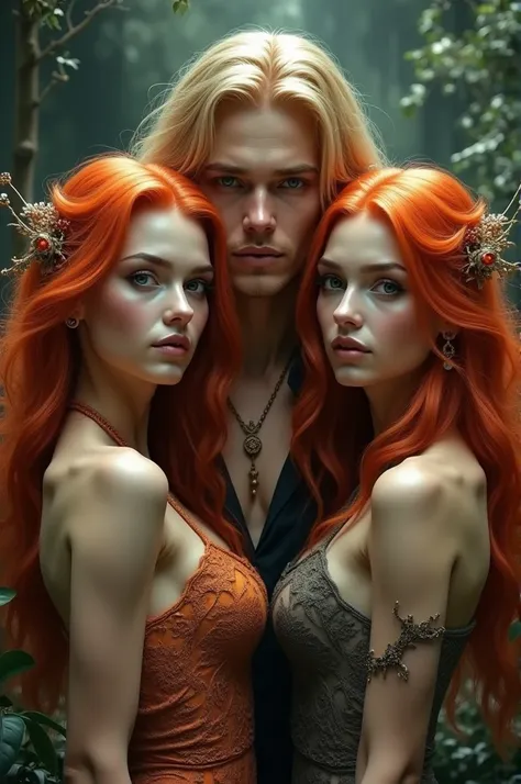 Two red-haired women and a blond man with long hair 