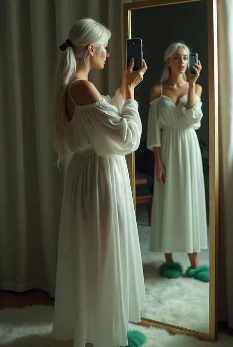 A woman with long white hair tied up,She will wear a white nightgown and a cute, furry green slipper,She will be taking a picture with her iPhone and showing her whole body in the mirror,It will be night and she will look in the mirror 