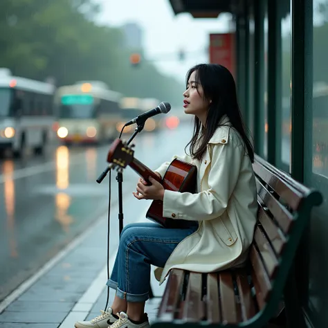 Candid, outdoor photograph, full body sight, featuring a young asian girl  , singing with microphone and playing guitar sitting on a bench at a bus stop in the rain. The background in Jakarta, soedirman street. Shot on Leica M3 135mm f1.8 len, Inspired by ...