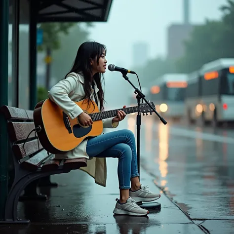 Candid, outdoor photograph, full body sight, featuring a young asian girl  , singing with microphone and playing guitar sitting on a bench at a bus stop in the rain. The background in Jakarta, soedirman street. Shot on Leica M3 135mm f1.8 len, Inspired by ...