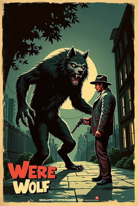 Create art in the style of a vintage poster, old movie posters, from the next scene: when the man with the revolver in his hand approached the sidewalk, a colossal figure emerged from the shadows, advancing towards him with terrifying speed. It was a werew...