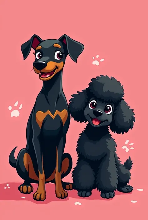 create a computer wallpaper with a pink background and a drawing of a black pincsher dog named janu and a black furry poodle dog named megue 
