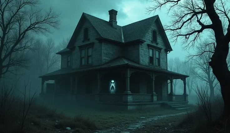 make an illustration of a haunted house , do it in a dark and scary tone and a dark color palette, there is a mysterious and scary being in the corner of the house, almost invisible, make it with an ultra-realistic tone, rich in details
