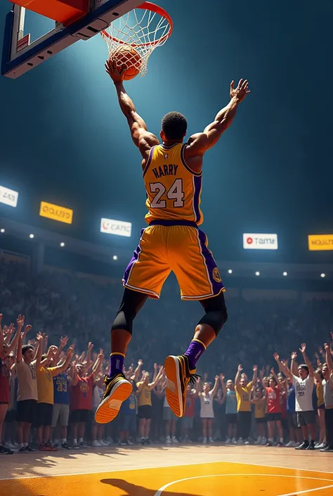 One basketball player with Lakers jersey with 24 number at back of jersey with harry name on jersey dunking and croud is shouting and night basketball court
