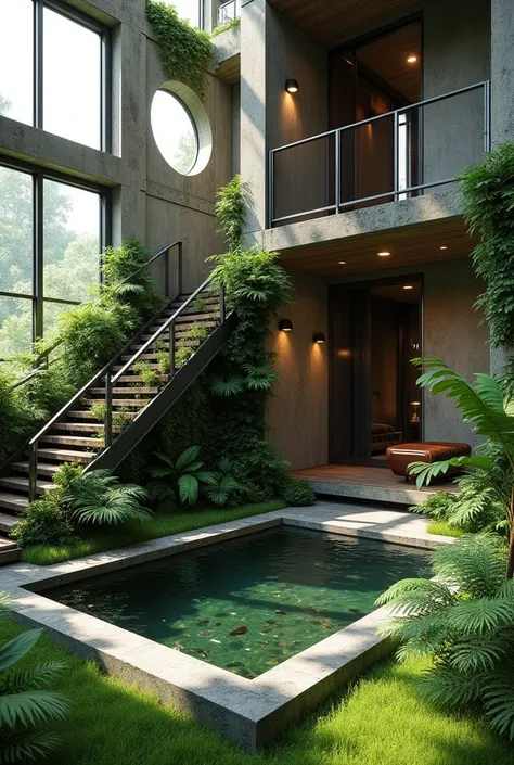 make a brutalist cozy small fish pond and an industrial stairs leading to the bedroom

full of lush, hanging vines and moss

make a lot of different shape

big industrial window

make some windows circle 

add fern

grass floor
