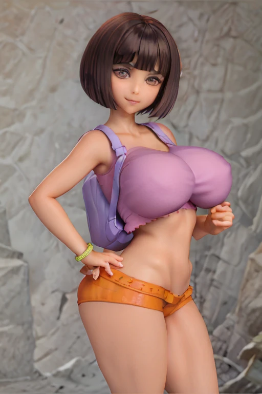 Figure, Dora, sexy pose, big breasts, curvy, smile, bob haircut, purple crop top, orange mini shorts, purple backpack 
