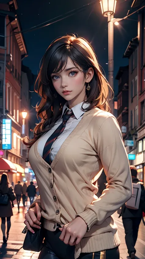 of the highest quality, masterpiece, cinema lighting, complex, cinematic detailed realist background, detailed face, whole body, a little chubby, small breasts, realist, clear lines, , , A person running, urban landscape, evening, tie shirt, See your viewe...