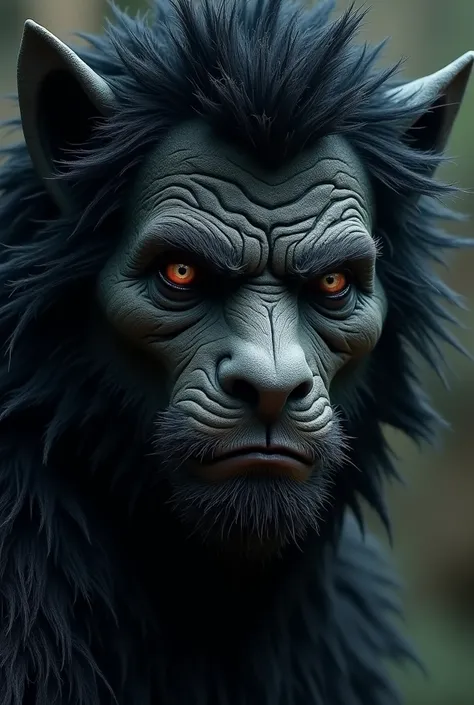 A man, the attractive face, black fur, small eyes, torn up, The pupil of one eye is dark red and the other is blue.