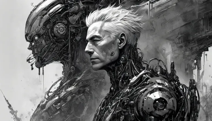 8k, Highest quality,(Ink painting),(Black and white painting),Dark Fantasy,sf,whole body,1 Men,mature,(grey hair, beautiful detailed Glass hair),perfect face,short jaw,cybernetic organism,robot joints,single mechanical arm,Diesel fuel dominated world,