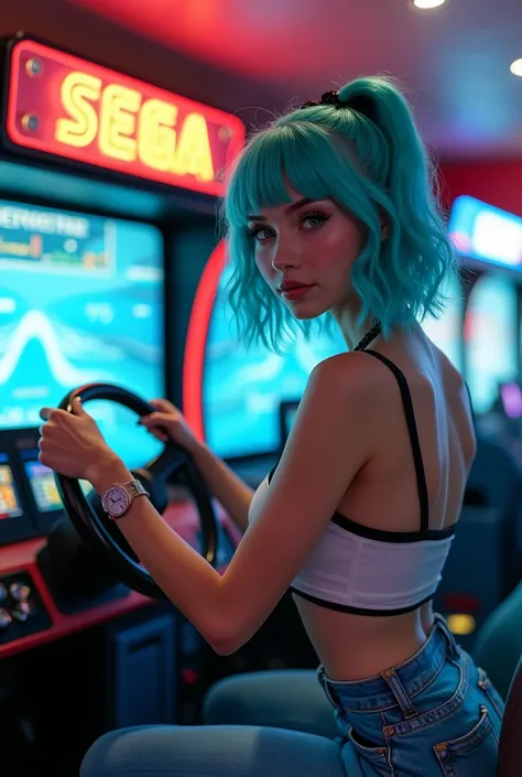 Femme au cheveux turquoise devant un simulateur voiture SEGA