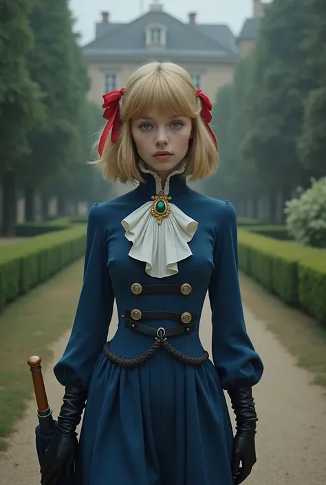 France in the 1890s。The main character of Violet Evergarden has blonde shoulder-length hair with a red ribbon.。She is wearing a classical aristocratic outfit based on ultramarine blue, with a white ribbon on her chest and an emerald necklace in the center....