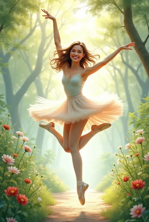 ballet dancer jumping outdoors, with nature, smiling, shoulder length light brown hair, feet with ballerina slipper and colorful watercolor art 