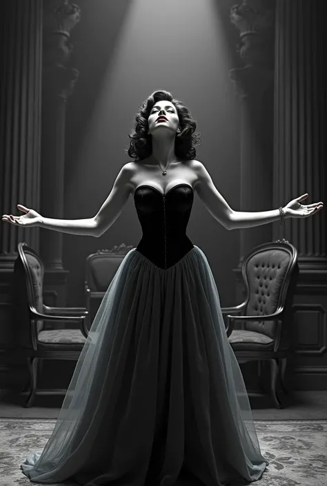 snow white, 50&#39;s movie style, black corset and a blue skirt, she looks up, with open arms, castle living room, black and white image 