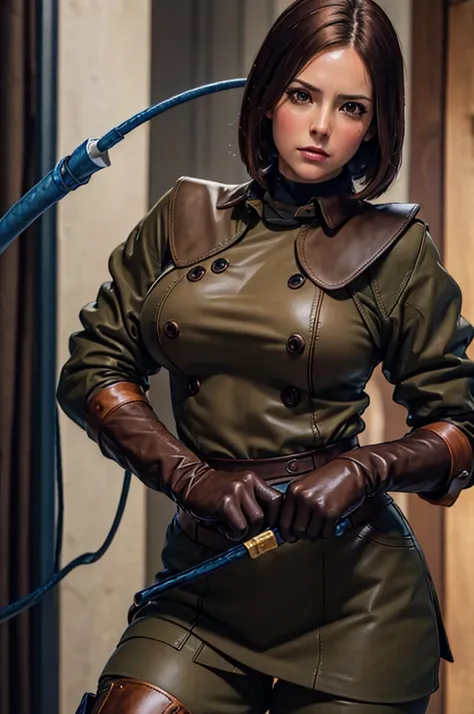 Browsing Caution, (Best image quality,highest quality,Highest Resolution, Ultra-Realistic Images,Very detailed,masterpiece,8k),One Woman,Whipping,Brown medium hair,Khaki military uniform,Leather gloves,Leather boots,((With a blue whip)),((Sticky with sweat...