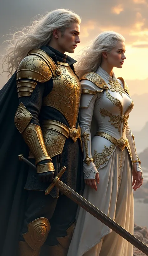 A white haired young man and woman with black and gold armor and a cape related to the Knights of the Zodiac, His armor will have the combination of a lion spirit and a puma and his human companion with a white armor with the spirit of a white dog