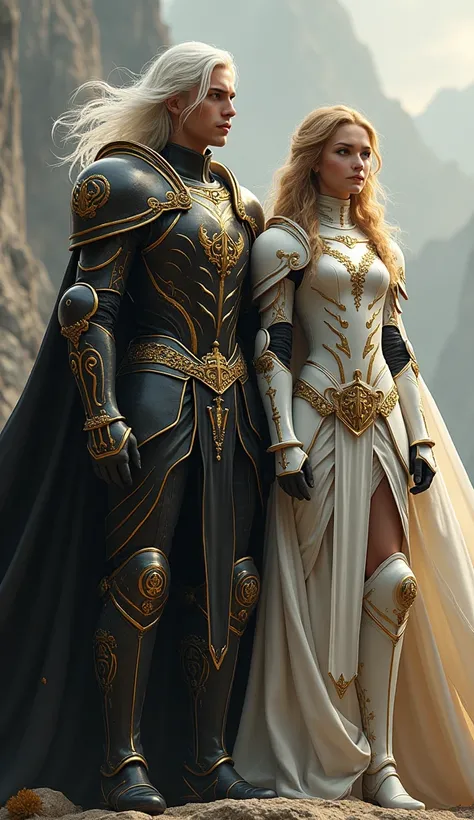 A white haired young man and woman with black and gold armor and a cape related to the Knights of the Zodiac, His armor will have the combination of a lion spirit and a puma and his human companion with a white armor with the spirit of a white dog