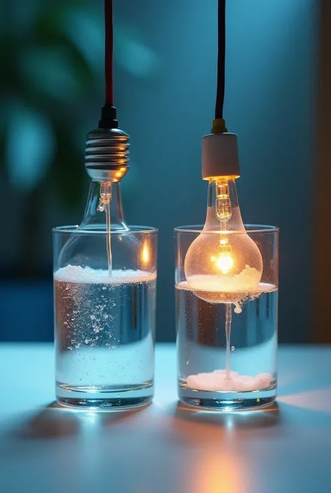 - Fill both glasses with distilled water.
- Dissolve a tablespoon of sodium chloride in the first glass.
- Dissolve a spoonful of sugar in the second glass.
- Place the ends of the circuit wires in each glass separately and observe the reaction of the bulb...