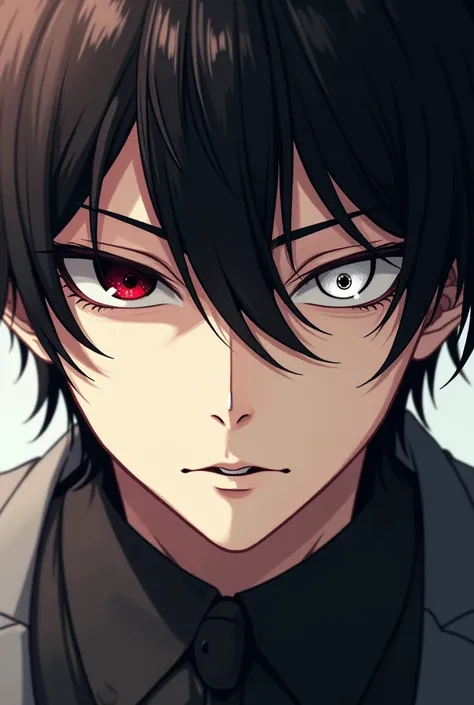 an anime man, the attractive face, small eyes, torn up, The pupil of one eye is dark red and the other is white.