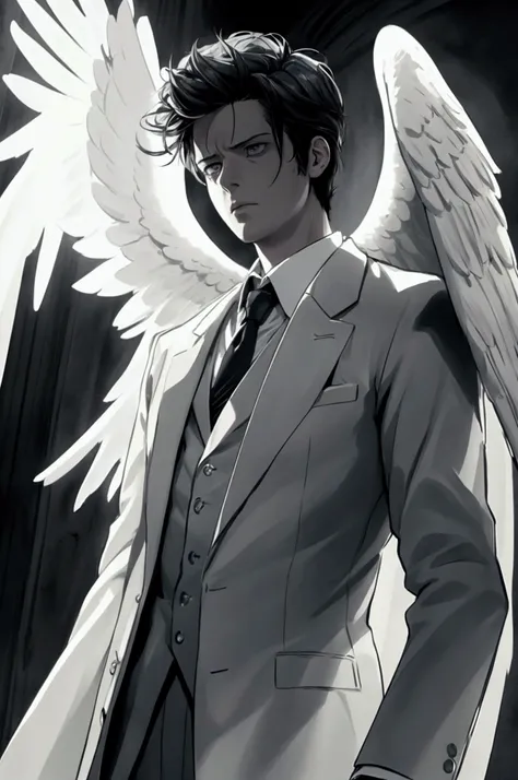 An image of Castiel in angelic garb, with a serious and determined expression, surrounded by an aura of intense light that highlights its imposing presence.