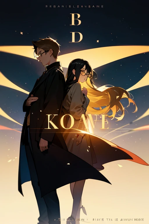 Romance book cover, with the name Flow of time silhouette of a young adult couple Tall blond boy, wears glasses girl has long black hair and she wears glasses Background with universe depicting time